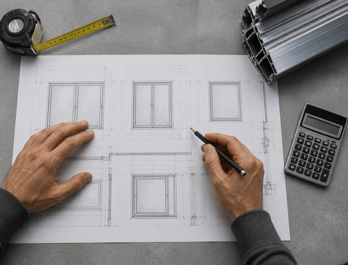 Desenho técnico de vãos de janela sobre bancada com fita métrica